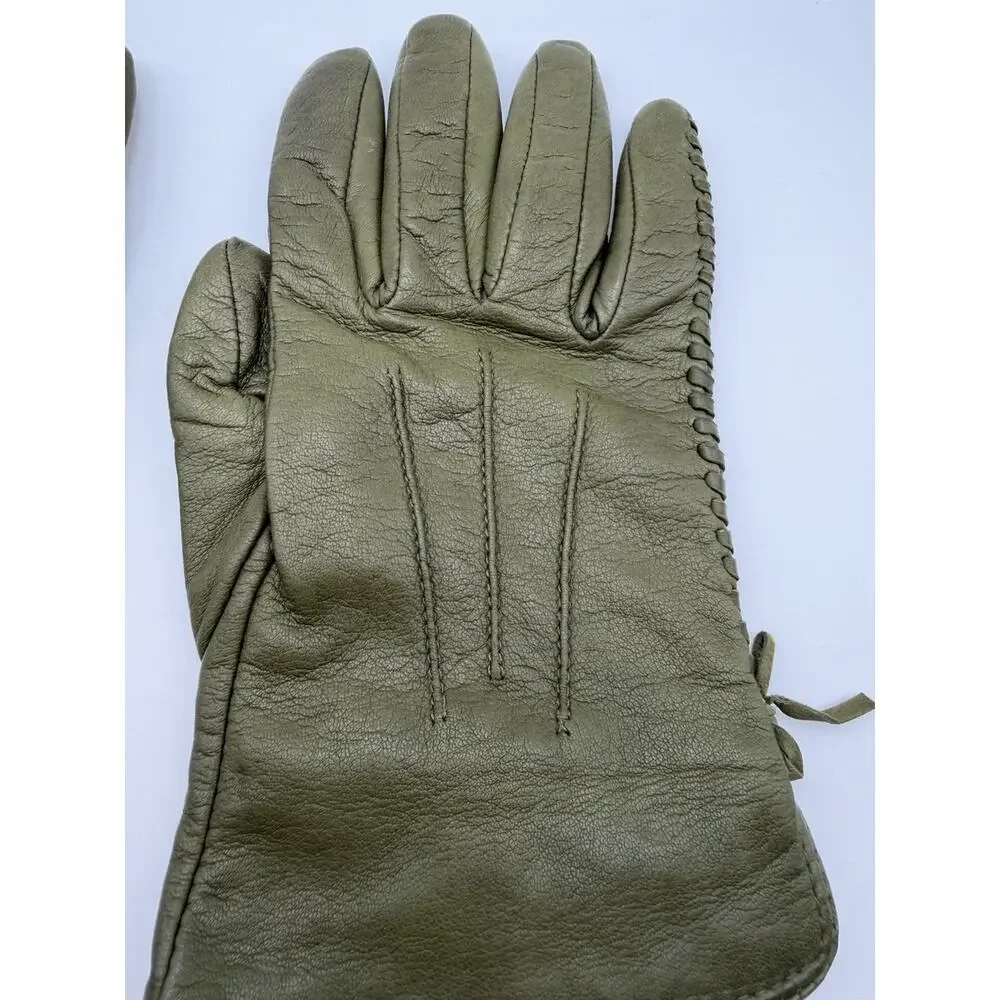 Olive Green Leather Gloves Side Stitching Detail Size Medium